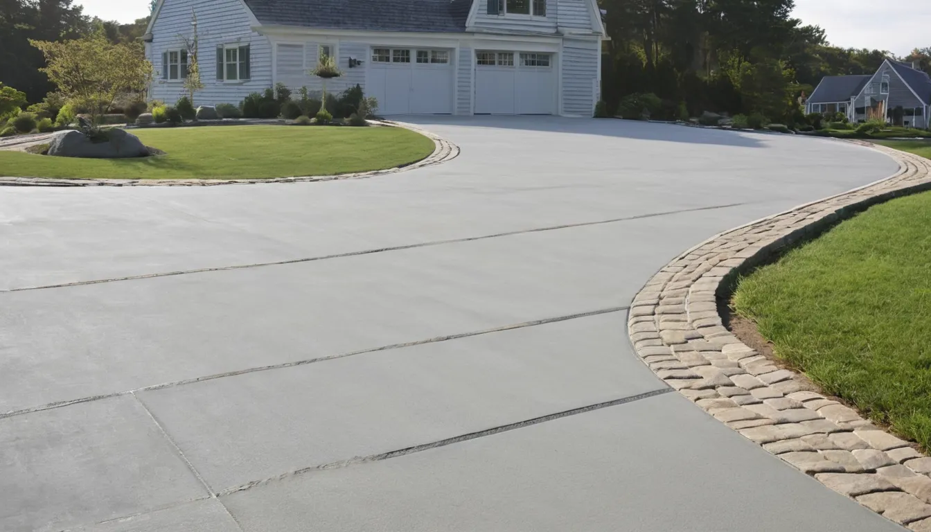 A freshly poured broom-finish concrete driveway in front of a Cape Cod style home in Saltaire